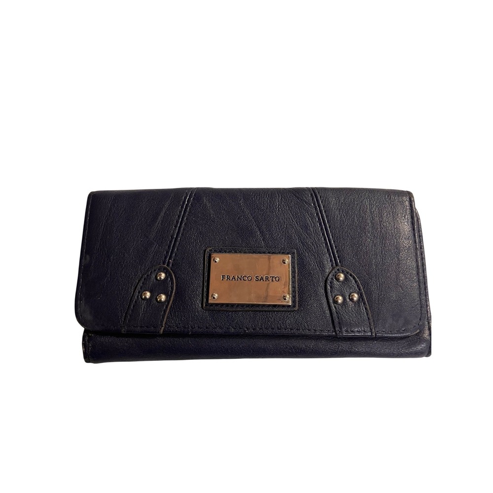 Franco Sarto Navy Blue Faux Leather Tri-Fold Wallet Credit Organizer Logo Plate